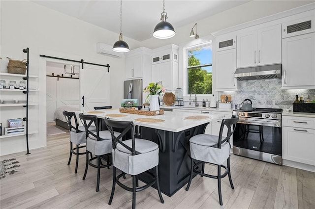 4791 Talona Rd, Talking Rock, GA 30175 - kitchen with under cabinet range hood, stainless steel appliances, a barn door, light countertops, and backsplash