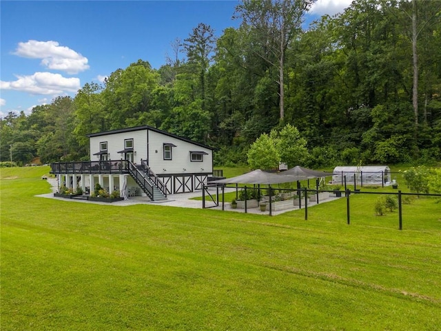 4791 Talona Rd, Talking Rock, GA 30175 - back of house with stairway, a wooden deck, and a forest view