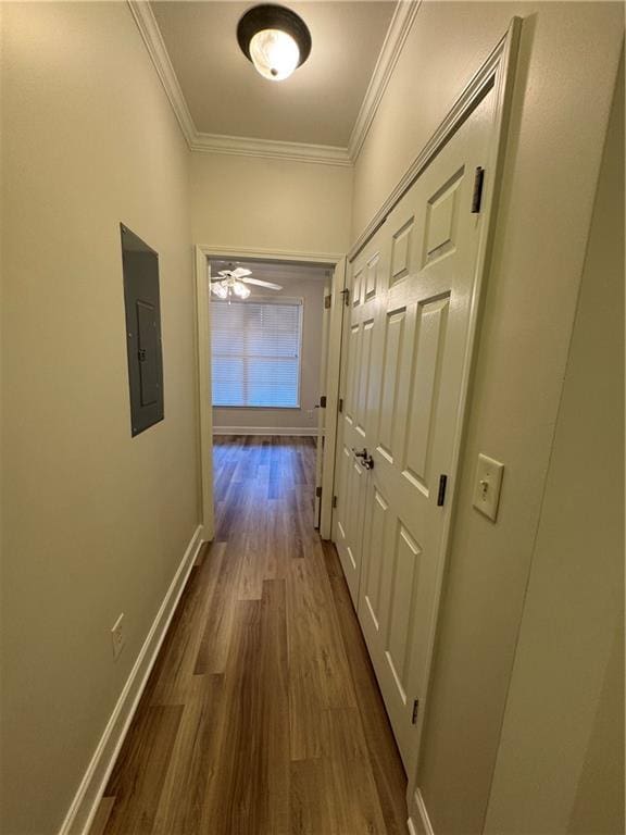 hall with dark wood-type flooring, electric panel, crown molding, and baseboards