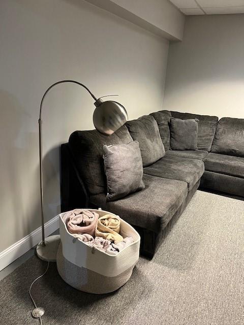 living room featuring carpet flooring and a drop ceiling