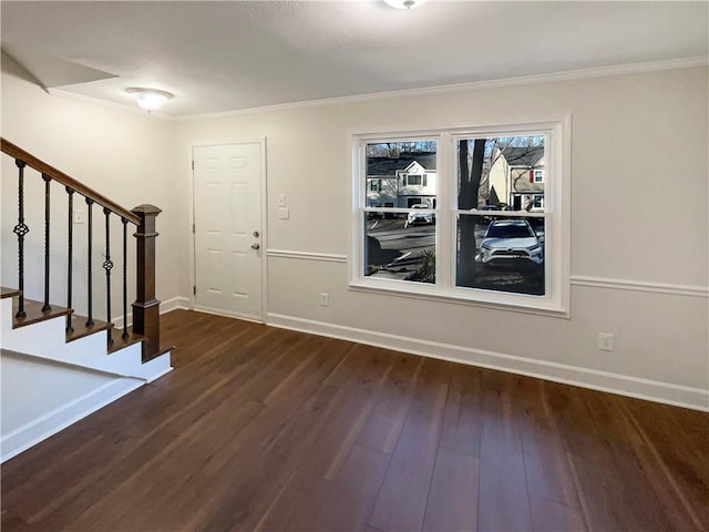 entryway featuring crown molding and dark hardwood / wood-style flooring