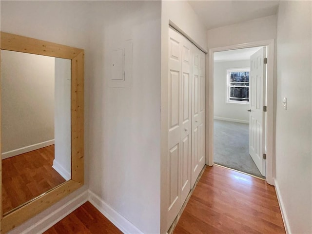 corridor with hardwood / wood-style flooring