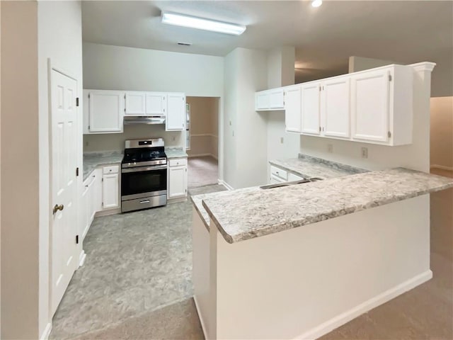 46 Timber Walk Dr, Sharpsburg, GA 30277 - kitchen with stainless steel stove, a peninsula, under cabinet range hood, and white cabinets