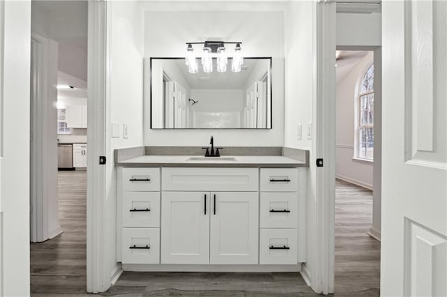 bathroom with vanity and hardwood / wood-style floors