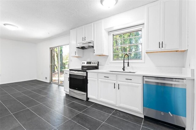 kitchen with stainless steel electric range oven, a sink, dark tile patterned flooring, dishwasher, and under cabinet range hood