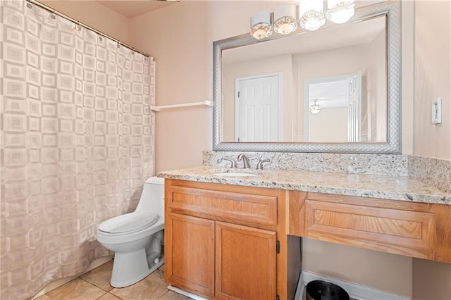 full bathroom with tile patterned floors, a shower with shower curtain, toilet, and vanity