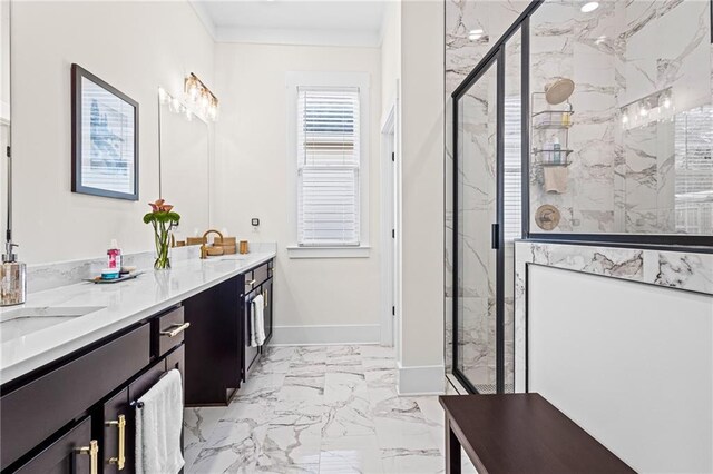 bathroom with ornamental molding, a shower with shower door, and vanity