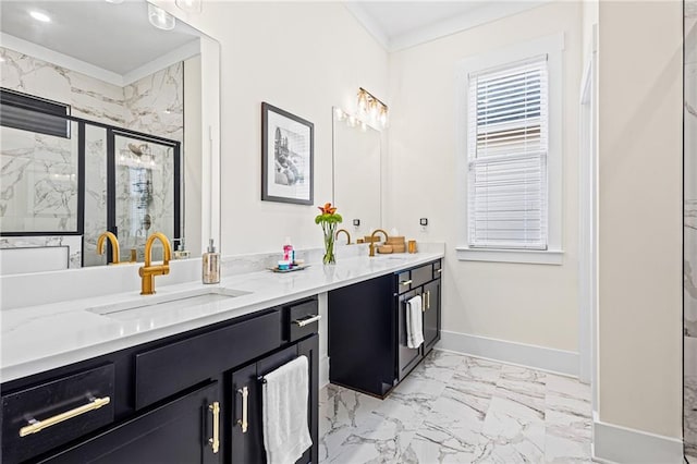 bathroom featuring vanity, crown molding, and an enclosed shower