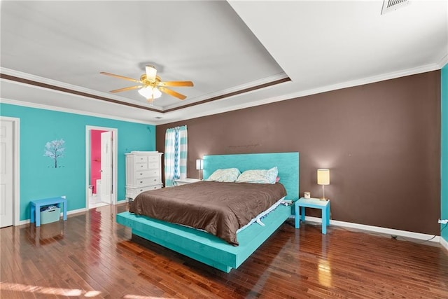 4010 Catawba Rdg, Gainesville, GA 30506 - bedroom featuring ceiling fan, crown molding, a raised ceiling, and dark hardwood / wood-style floors