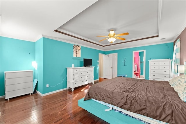 4010 Catawba Rdg, Gainesville, GA 30506 - bedroom with a raised ceiling, crown molding, dark hardwood / wood-style flooring, and ceiling fan