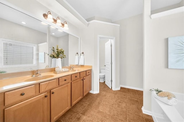 3607 Archgate Ct, Alpharetta, GA 30004 - bathroom with double vanity, toilet, a garden tub, baseboards, and tile patterned flooring