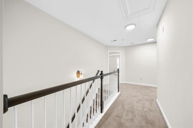 3607 Archgate Ct, Alpharetta, GA 30004 - hall with attic access, carpet flooring, an upstairs landing, and baseboards