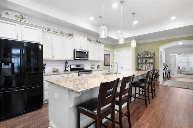 kitchen with a tray ceiling, appliances with stainless steel finishes, a breakfast bar area, and an island with sink