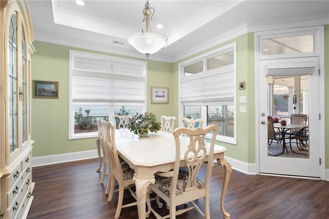 dining room with dark hardwood / wood-style flooring, a raised ceiling, and a healthy amount of sunlight