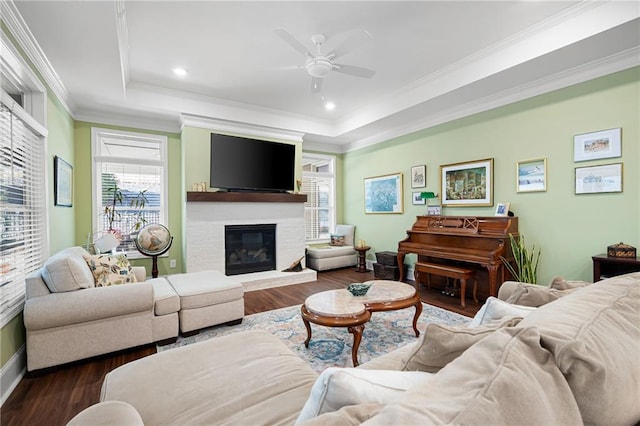 living room with a raised ceiling, ceiling fan, dark hardwood / wood-style floors, and crown molding