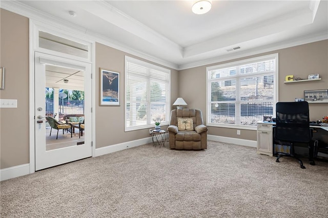 carpeted home office with ornamental molding and a raised ceiling