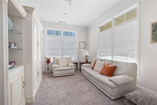 living room with light carpet and crown molding