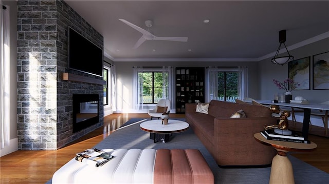 living room featuring crown molding, ceiling fan, a brick fireplace, and hardwood / wood-style flooring