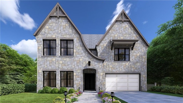 view of front facade with a front lawn and a garage