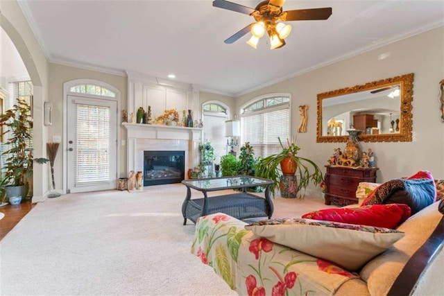 living room featuring carpet, a wealth of natural light, ceiling fan, and ornamental molding