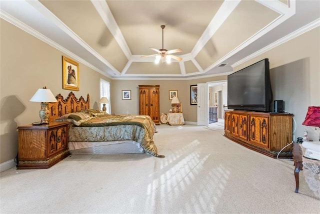 bedroom featuring ceiling fan, light colored carpet, ornamental molding, and a tray ceiling