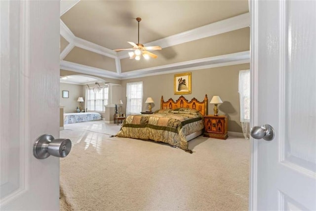 bedroom featuring carpet floors, a raised ceiling, ceiling fan, and ornamental molding