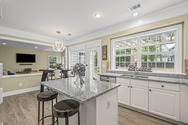 1465 Laleiah Dr, Cumming, GA 30041 - kitchen with white cabinets, visible vents, a sink, and light stone counters