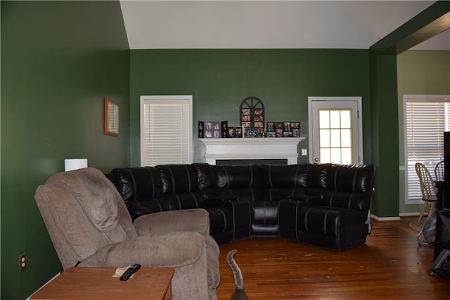 living area with baseboards, wood finished floors, and a fireplace