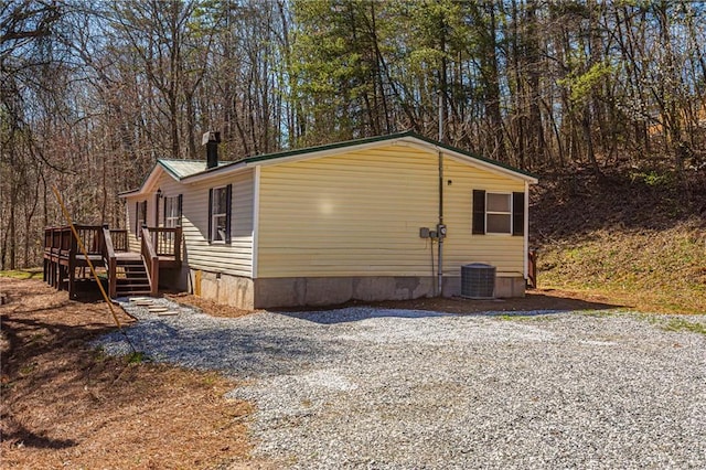 view of property exterior featuring crawl space and a wooden deck