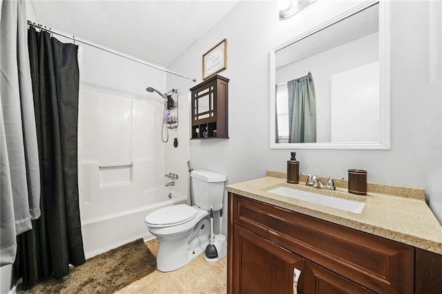 bathroom with tile patterned floors, vanity, toilet, and shower / bathtub combination with curtain