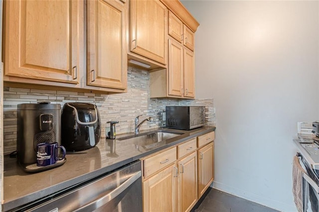 120 Ralph Mcgill Blvd NE Unit 1502, Atlanta, GA 30308 - kitchen with light brown cabinetry, black microwave, a sink, and backsplash