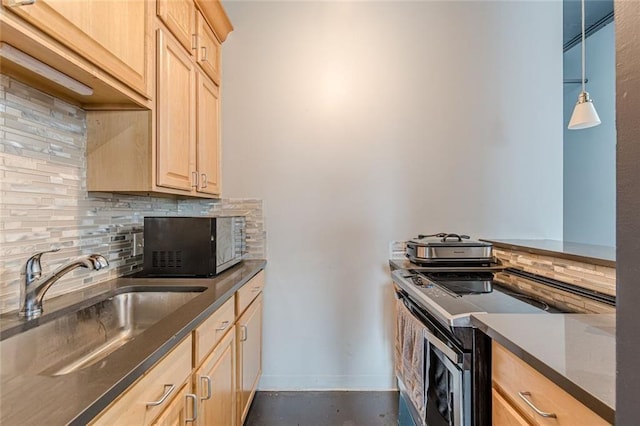 120 Ralph Mcgill Blvd NE Unit 1502, Atlanta, GA 30308 - kitchen with light brown cabinets, decorative backsplash, stainless steel range with electric cooktop, a sink, and baseboards