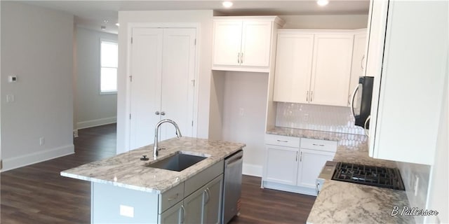 1062 Crest Mill Dr, Marietta, GA 30008 - kitchen with a sink, dishwasher, white cabinets, dark wood-style flooring, and recessed lighting
