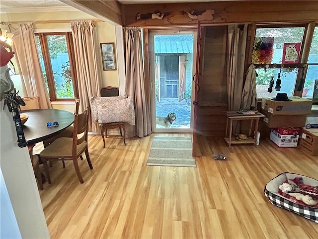 interior space featuring crown molding and light wood-type flooring