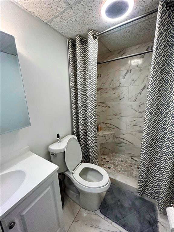 bathroom with vanity, toilet, a shower with curtain, and a drop ceiling