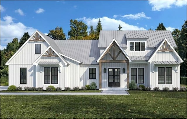 561 Bearden Rd, Douglasville, GA 30134 - modern farmhouse featuring board and batten siding, french doors, a standing seam roof, a front yard, and a metal roof