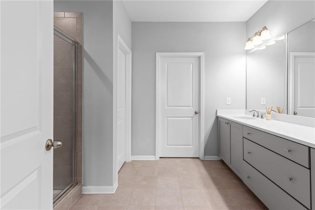 bathroom featuring tile patterned flooring, vanity, and an enclosed shower