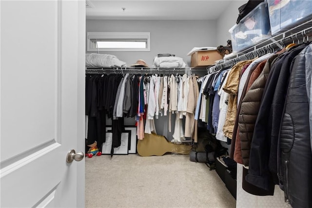 walk in closet with light carpet