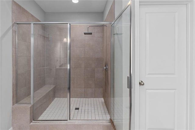 bathroom featuring a shower with door