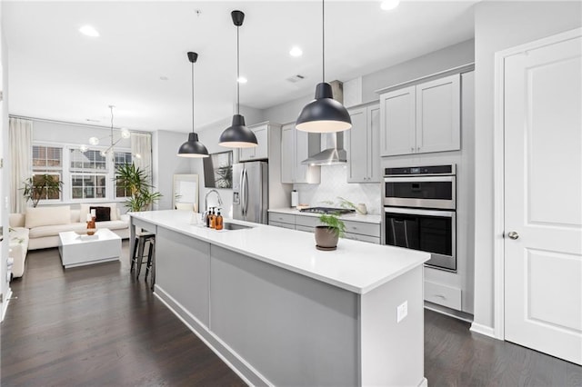 kitchen with appliances with stainless steel finishes, decorative light fixtures, a center island with sink, and sink