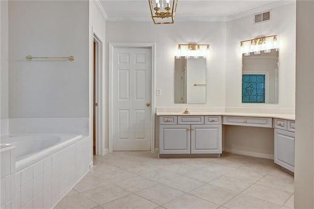 bathroom with tile patterned flooring, tiled tub, ornamental molding, and vanity