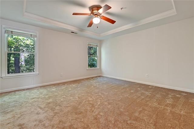 carpeted empty room featuring crown molding, a raised ceiling, and ceiling fan