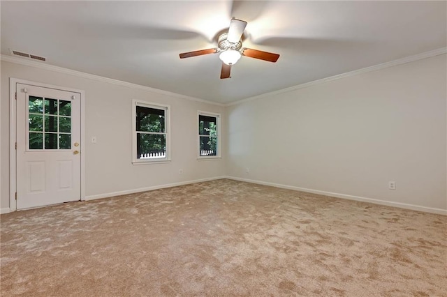 spare room featuring ceiling fan, carpet floors, and ornamental molding