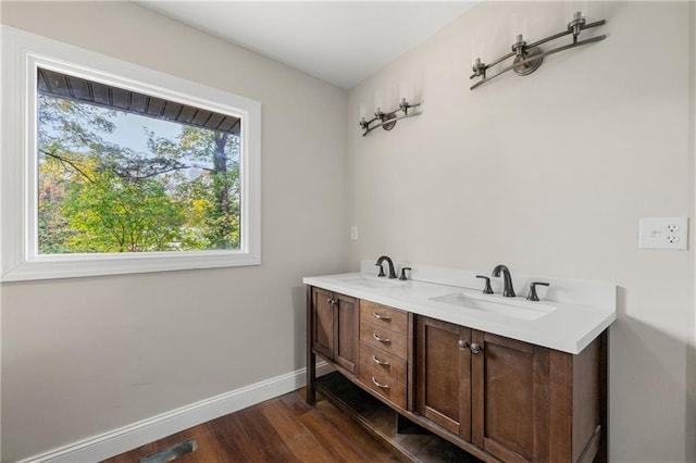 bathroom with vanity and hardwood / wood-style floors