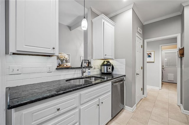 139 Mountain Vista Blvd, Canton, GA 30115 - kitchen with stainless steel dishwasher, a sink, white cabinetry, crown molding, and decorative backsplash