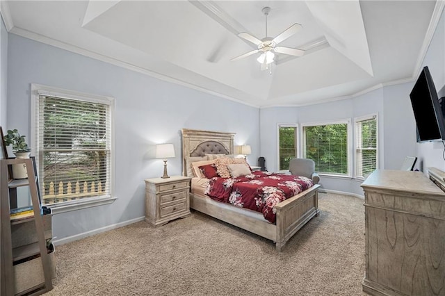 139 Mountain Vista Blvd, Canton, GA 30115 - bedroom with a tray ceiling, light colored carpet, baseboards, crown molding, and a ceiling fan