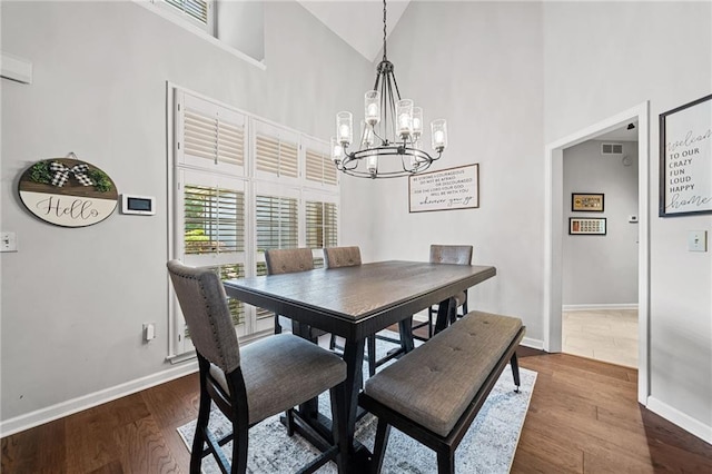 139 Mountain Vista Blvd, Canton, GA 30115 - dining space featuring high vaulted ceiling, a chandelier, baseboards, and dark wood finished floors