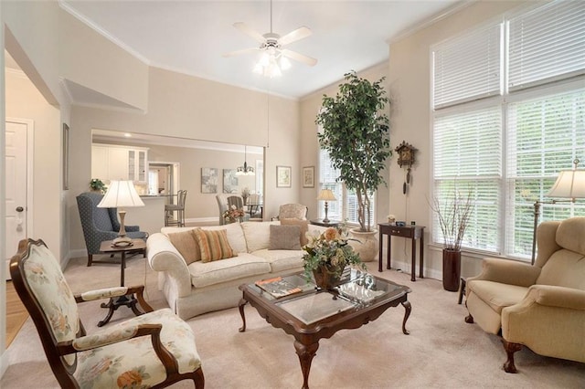 4653 Glory Maple Trce, Powder Springs, GA 30127 - living area featuring a ceiling fan, crown molding, and light carpet