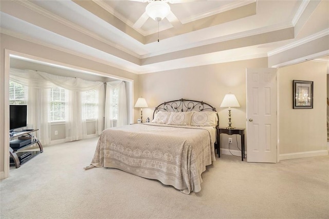 4653 Glory Maple Trce, Powder Springs, GA 30127 - carpeted bedroom featuring a raised ceiling, crown molding, and a ceiling fan