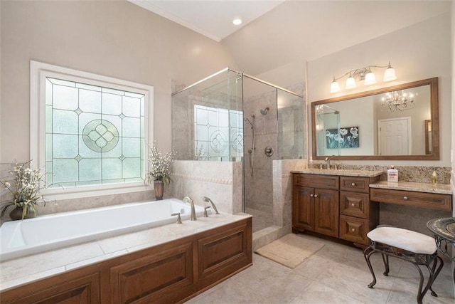 4653 Glory Maple Trce, Powder Springs, GA 30127 - bathroom with a garden tub, a stall shower, vanity, a chandelier, and tile patterned flooring